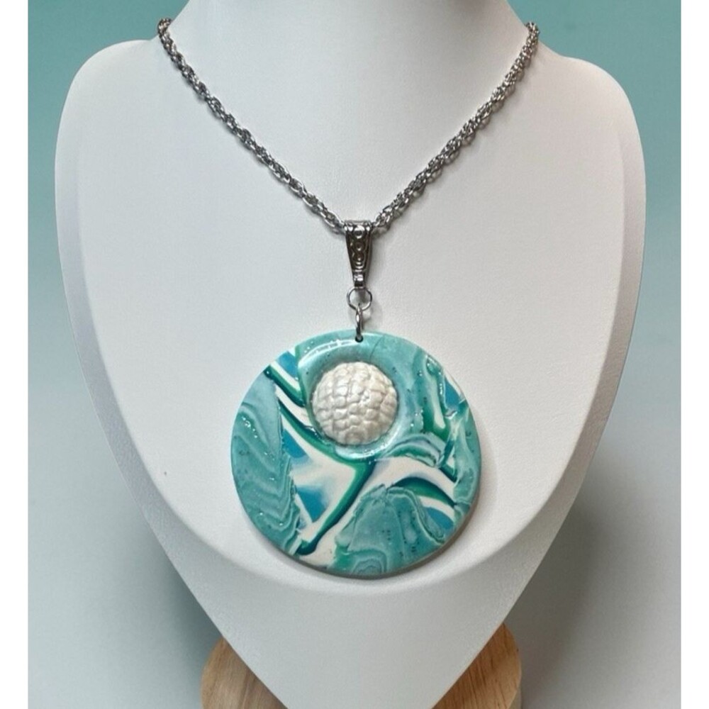 Artisan White Blue & Green Lg Polymer Clay Pendant Necklace 18" Stainless Chain